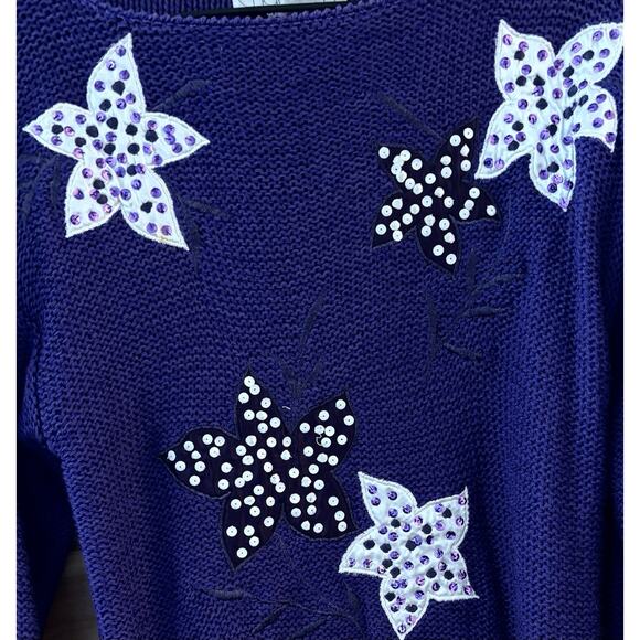 Nannell VTG Purple Sweater Sz Lg Hand Knit Appliqué Stars Sequin - Picture 2 of 5